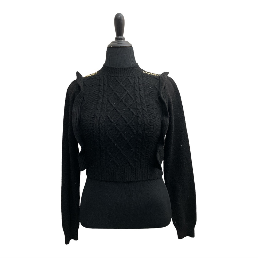 Black Cropped Cable Knit Chain Sweater